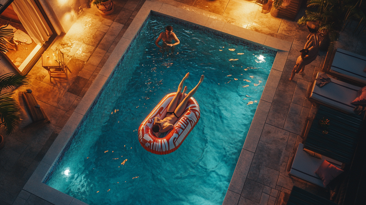 Cinematic Sunset Pool Party with Soda Can Inflatable