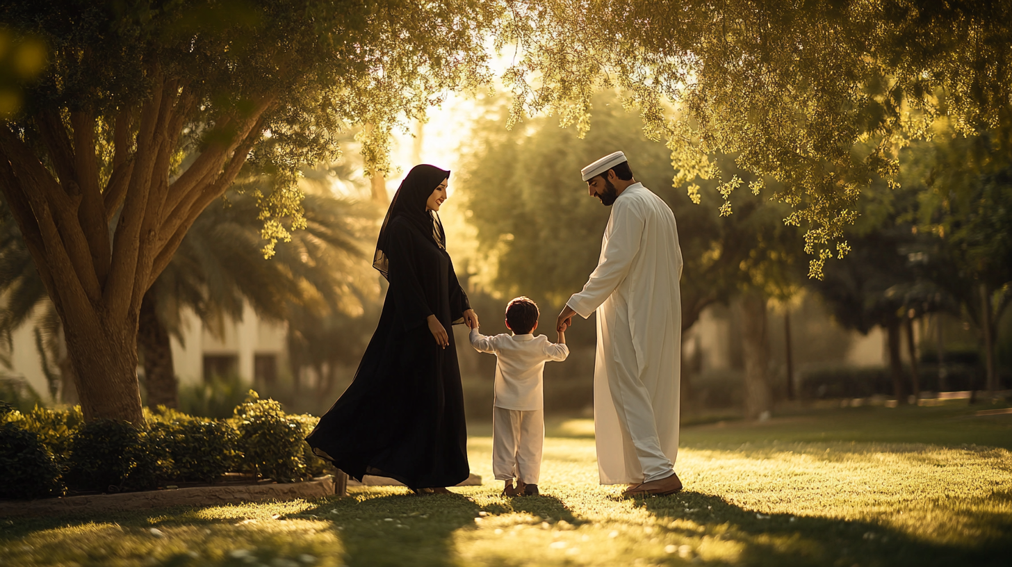 Cinematic Wide View of Arab Family in Garden