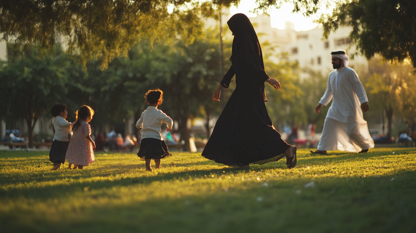 Cinematic Wide View of Arab Family in Public Park.