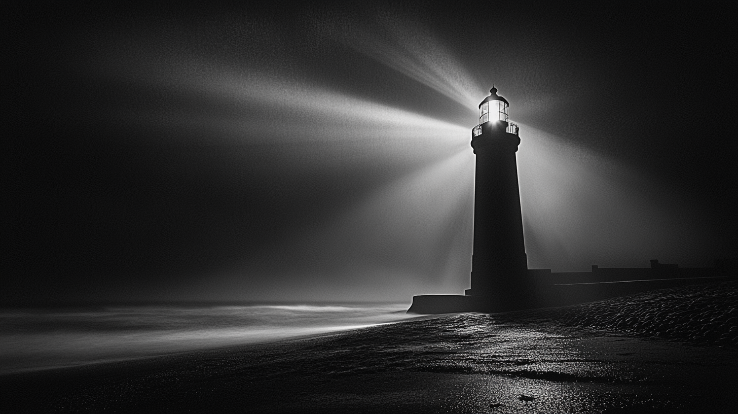 Cinematic black and white lighthouse illuminating ship.