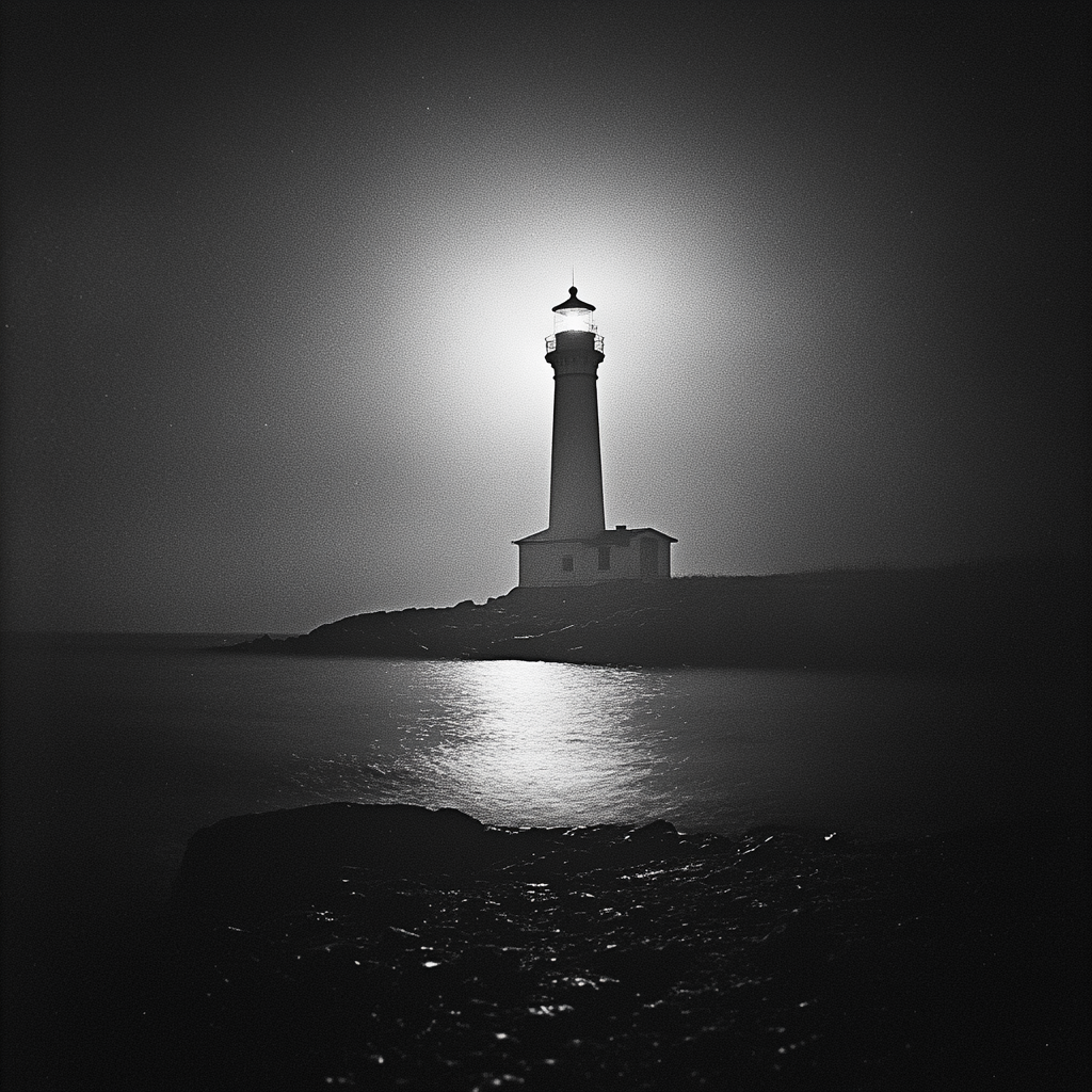 Cinematic black and white lighthouse on beach.