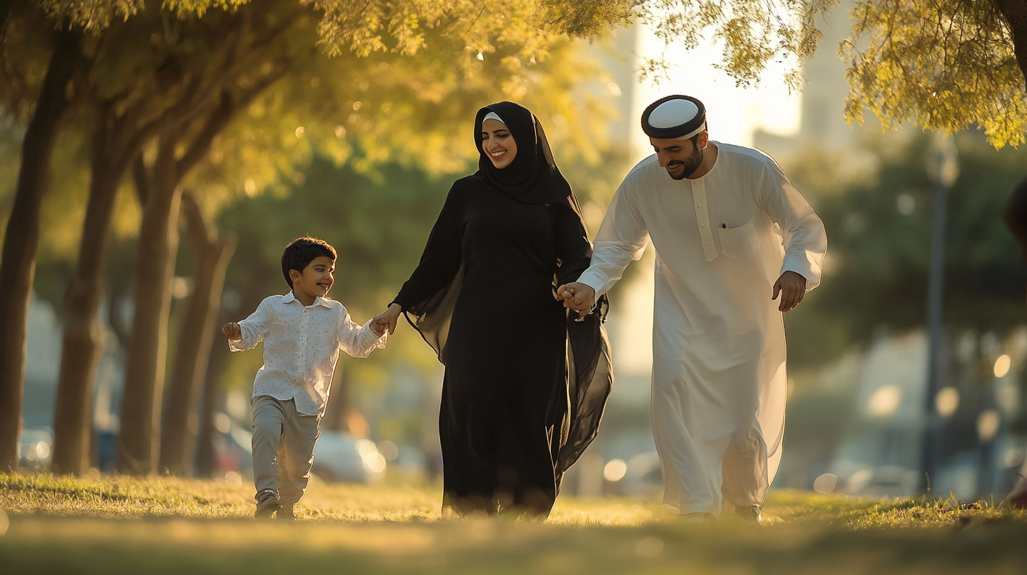 Cinematic family portrait in public park, Arab attire.