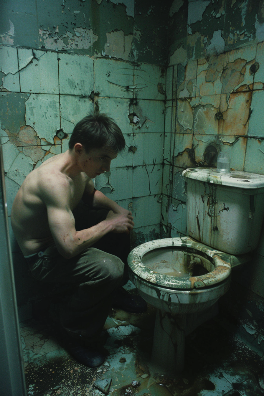 Cinematic grimy bathroom scene with determined young man