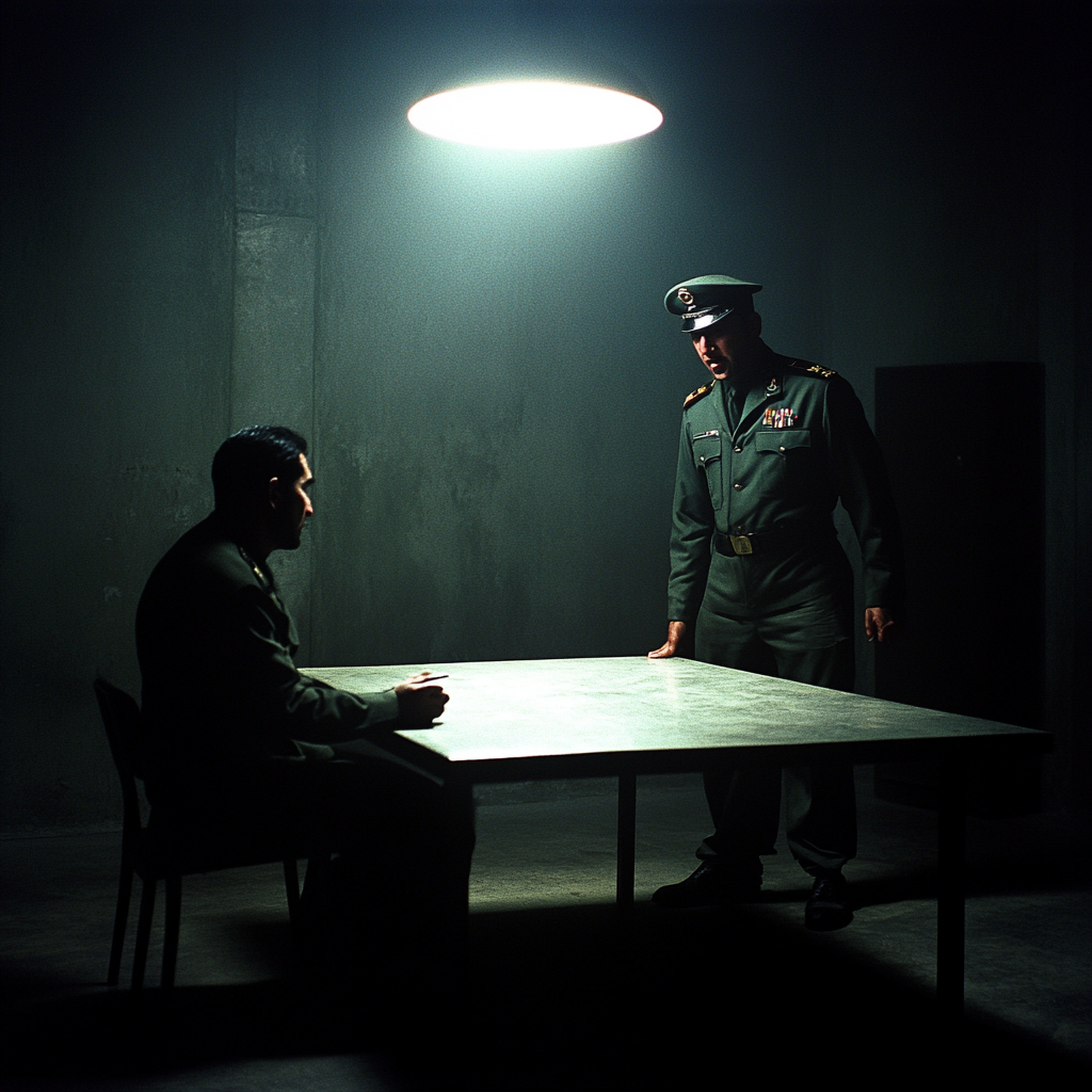 Cinematic interrogation scene with shadowy figure and military officer.