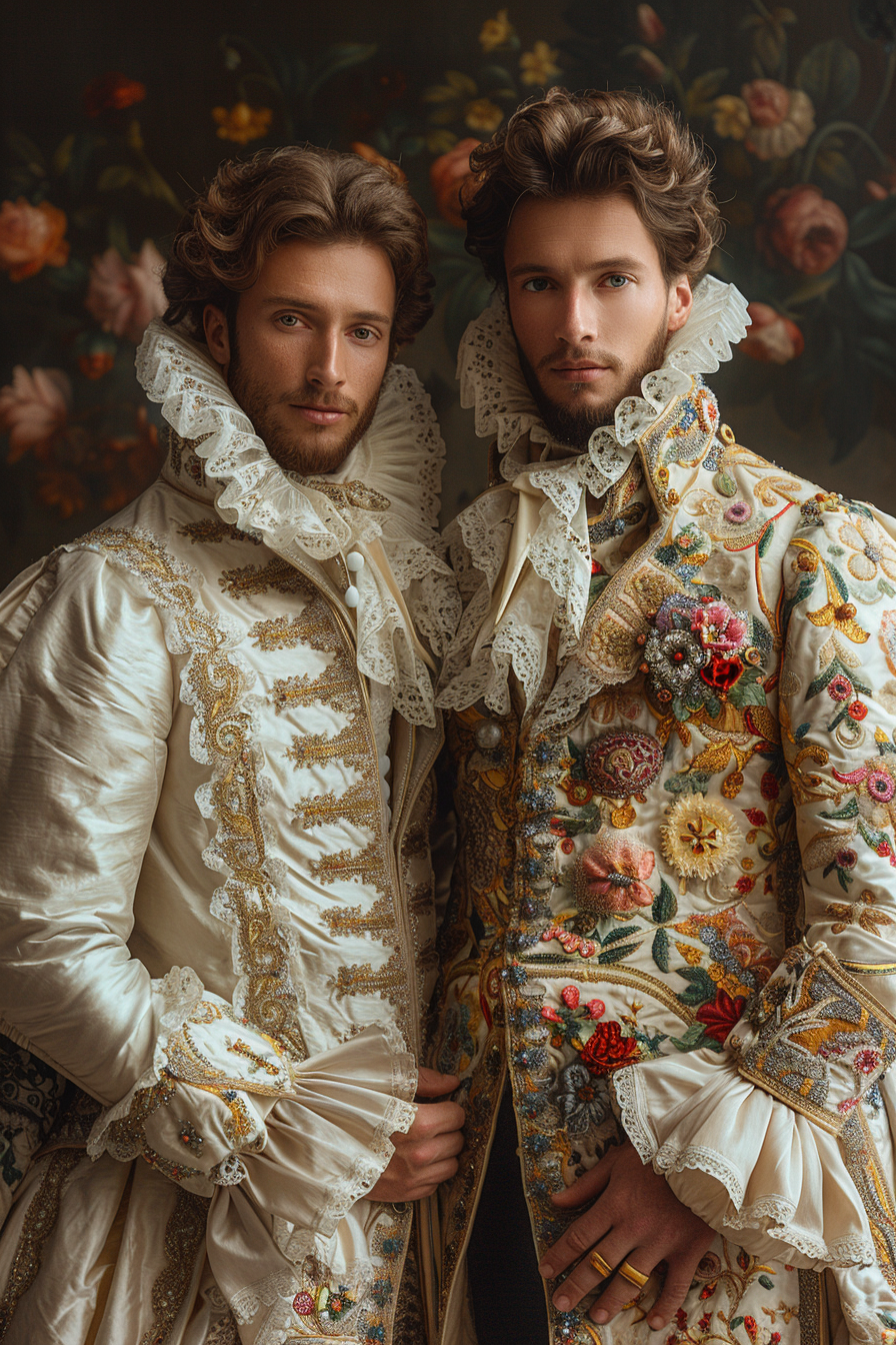 Cinematic portrait of two men in Barbie doll costumes.