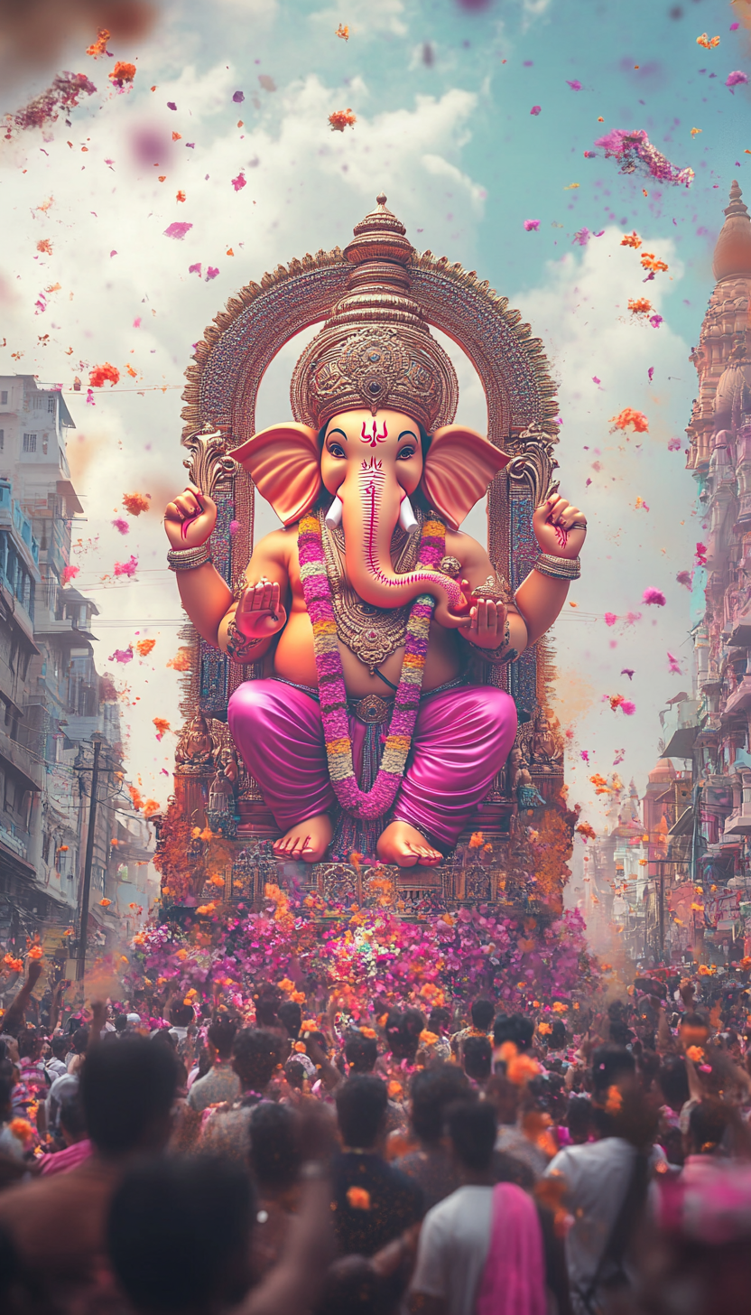 Cinematic scene of big crowd celebrating Ganesh Chaturthi.