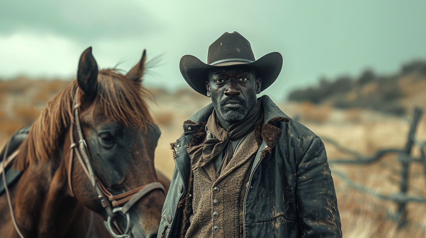 Cinematic style photo of Black man and horse.