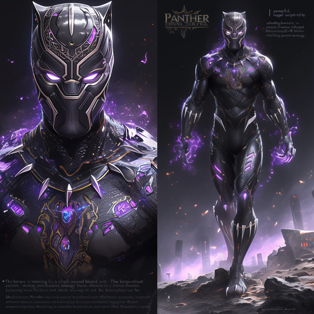 Cinematic superhero in black suit, glowing purple accents, Wakandan.