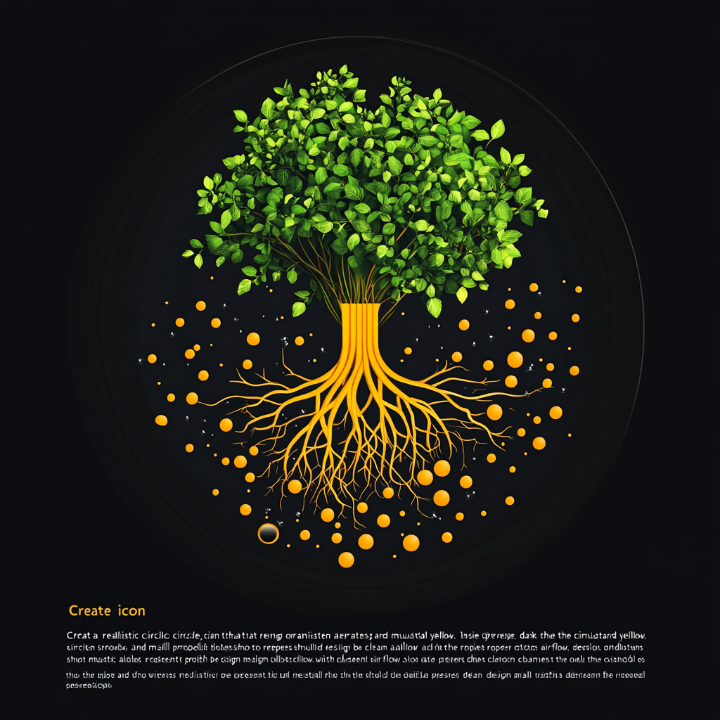 Circle icon with aeration boosters, roots and air bubbles.