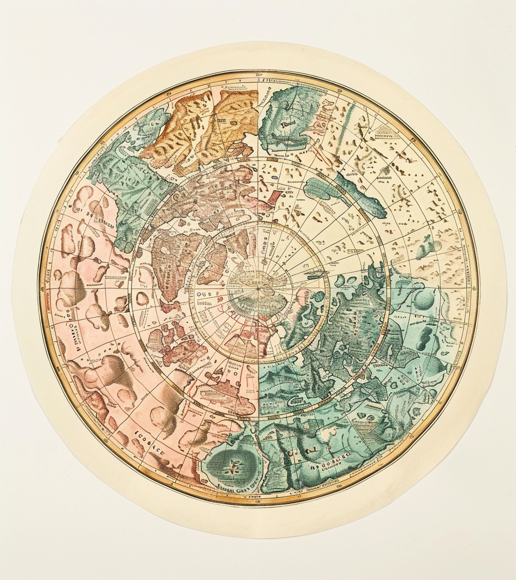 Circular antique world map in pastel colors on white.