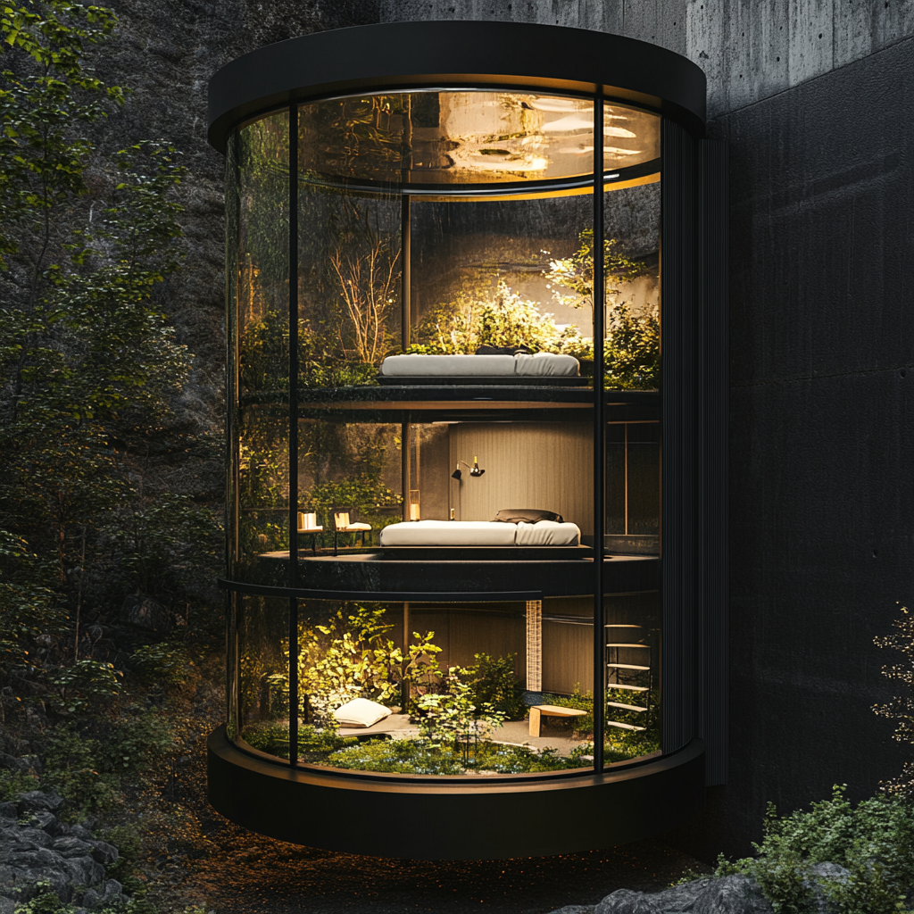 Circular glass room with indoor garden, modern cabin outside.