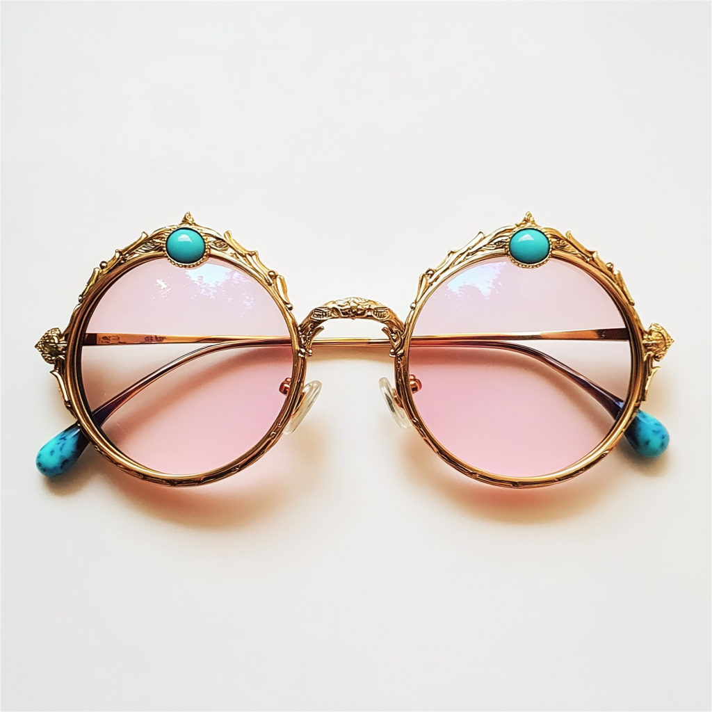 Circular glasses with rose lenses, detailed magical bohemian design