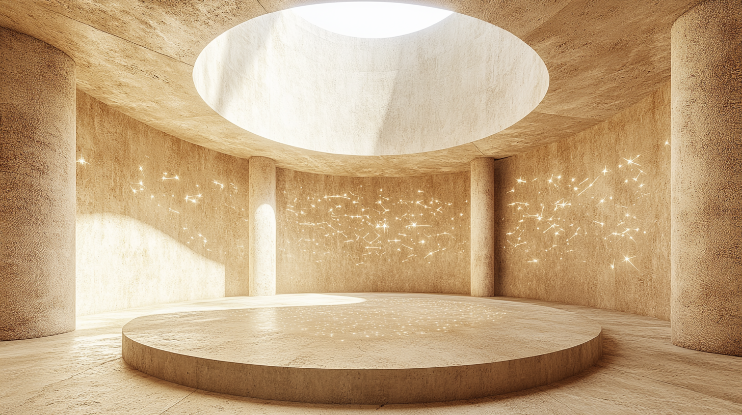 Circular limestone room with sand floor and carved constellations.