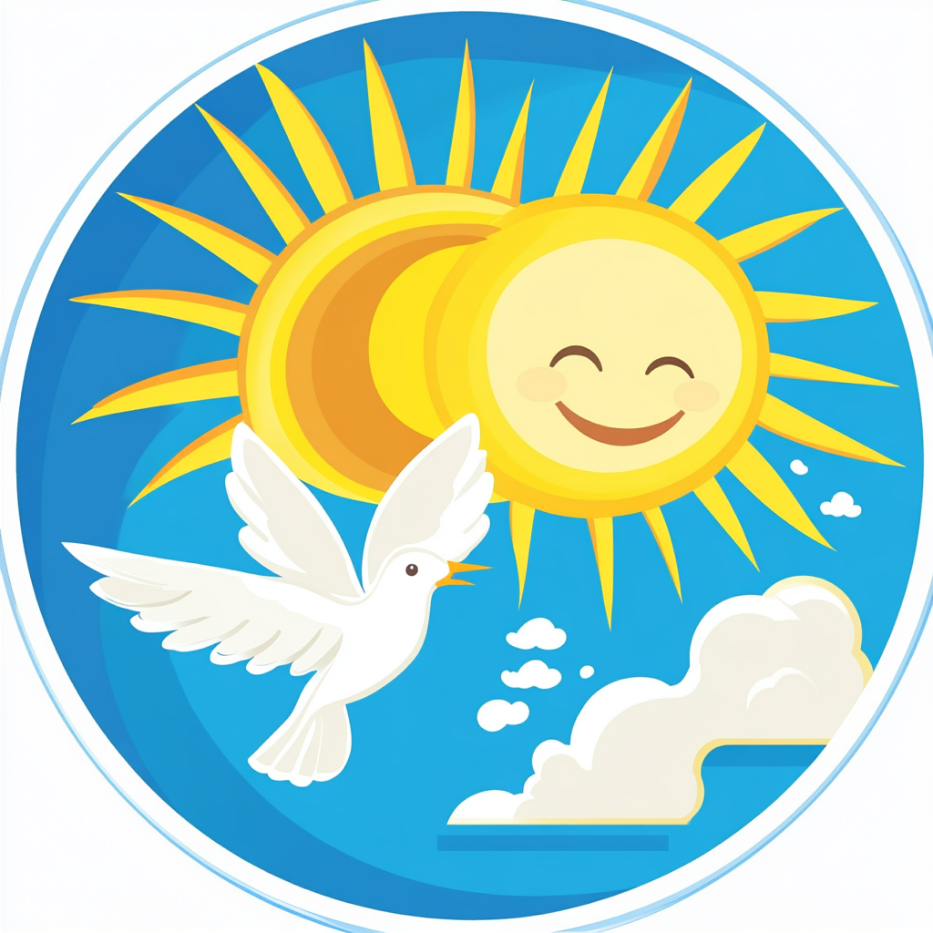 Circular logo with yellow sun, smiley face, white dove.