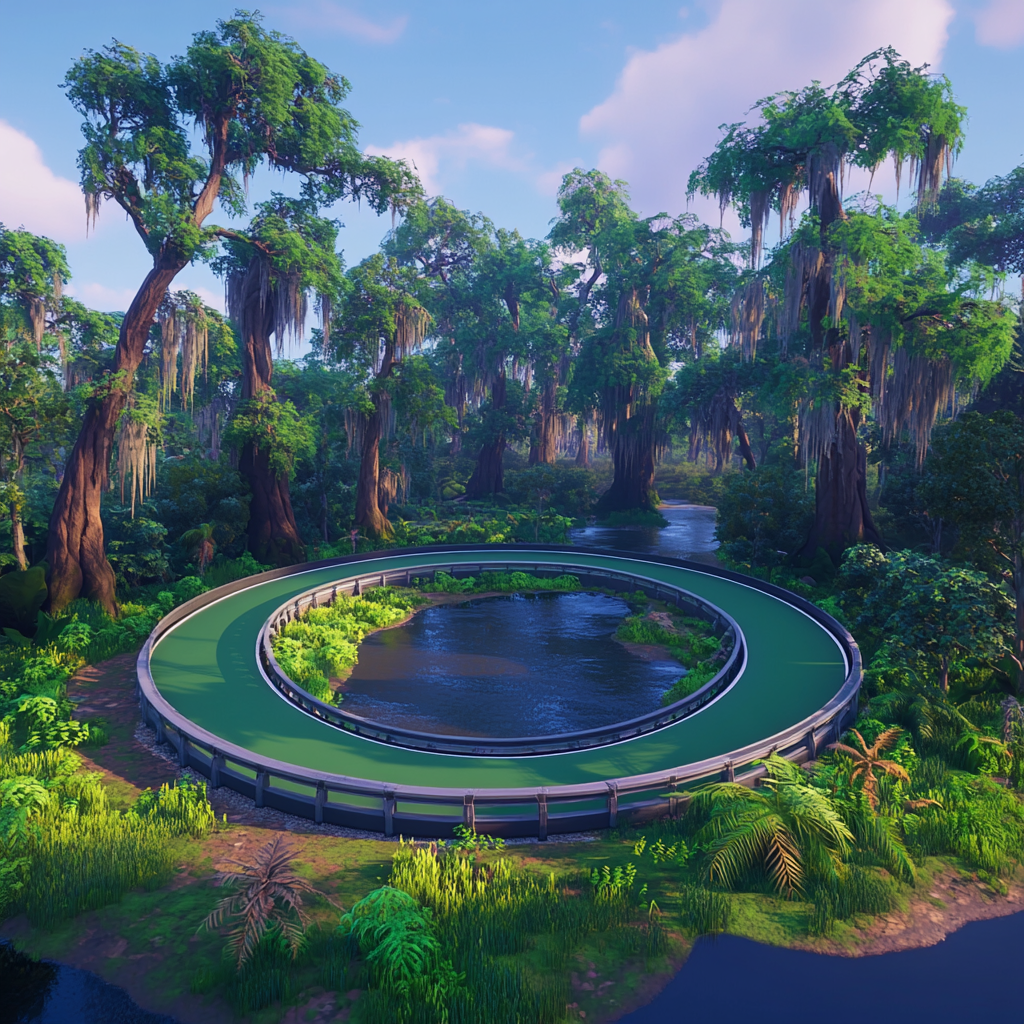 Circular roller derby rink with green track, swamp surroundings.