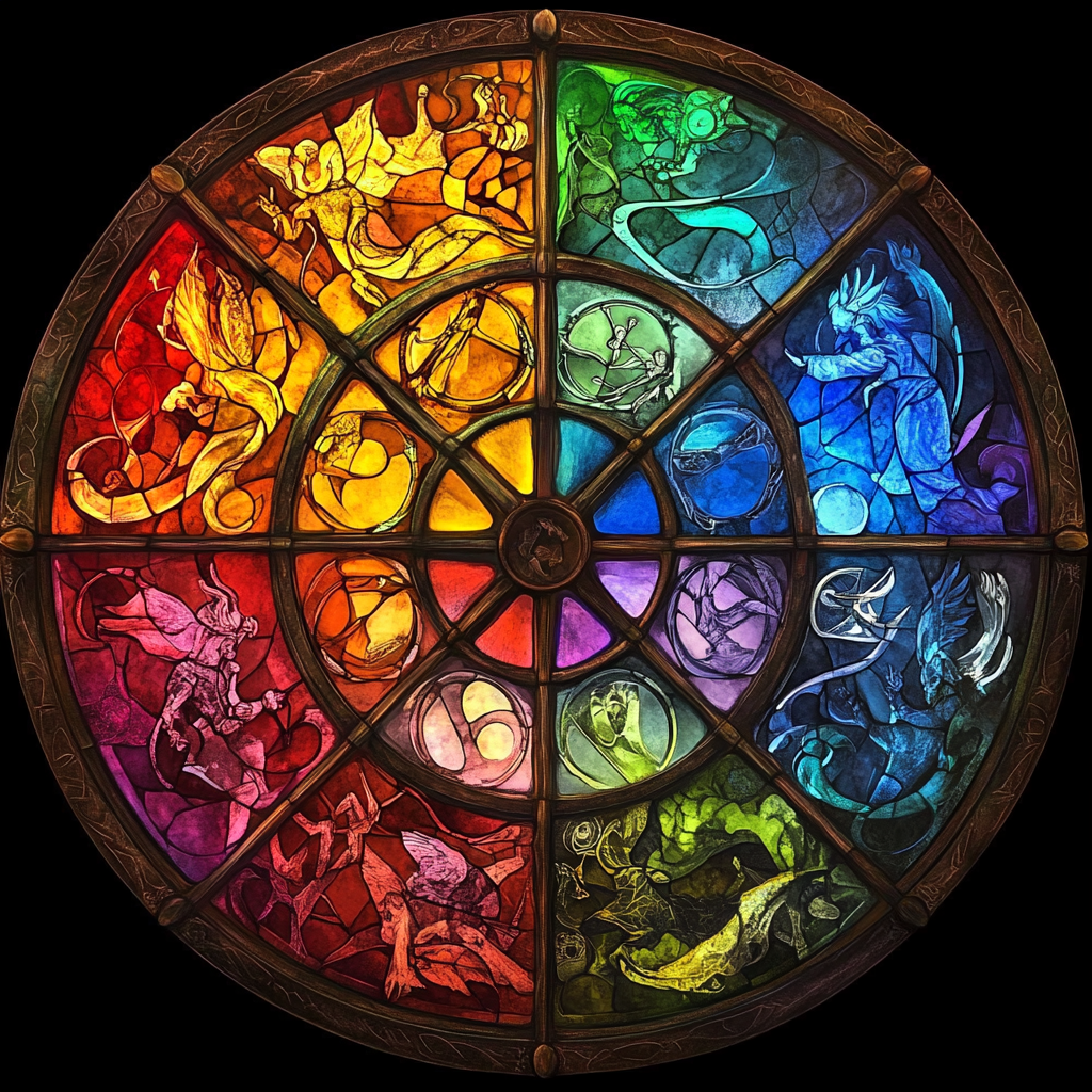 Circular stained glass window with vibrant rainbow colors, intricate designs.