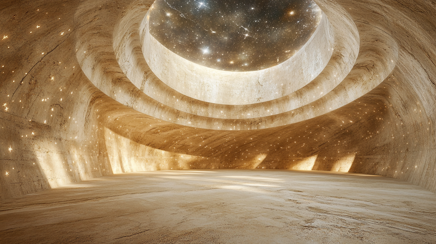 Circular stone room with sand floor and star carvings.