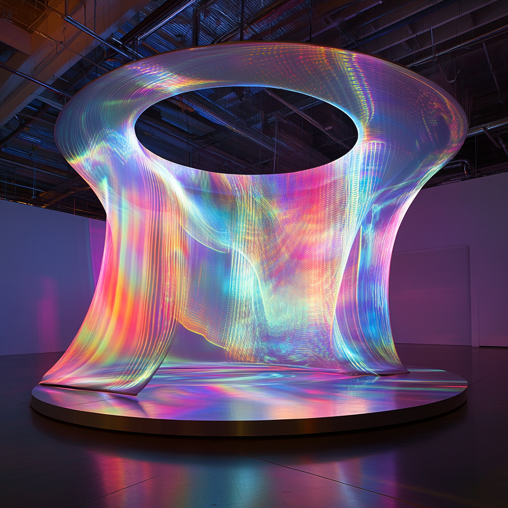 Circular structure with spandex screen, colorful light patterns interacting.