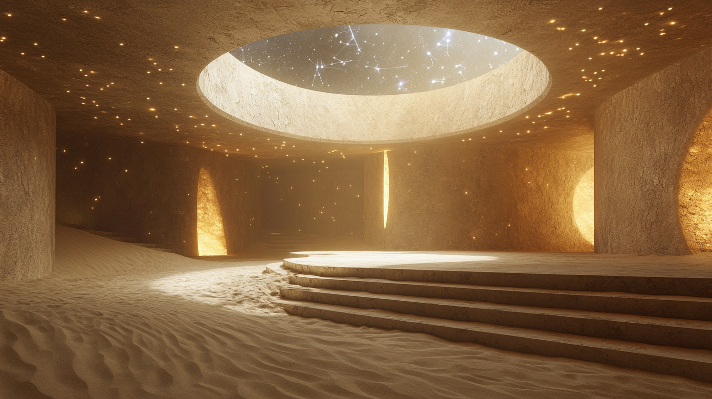 Circular temple room with sand, stone walls and constellations.