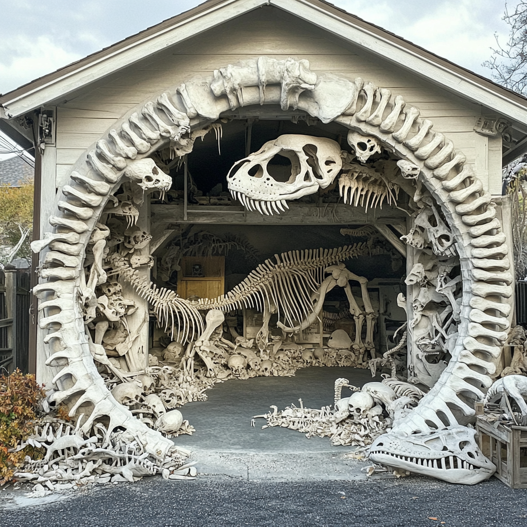 Circular tunnel with dodo bird skeleton and dinosaur bones.