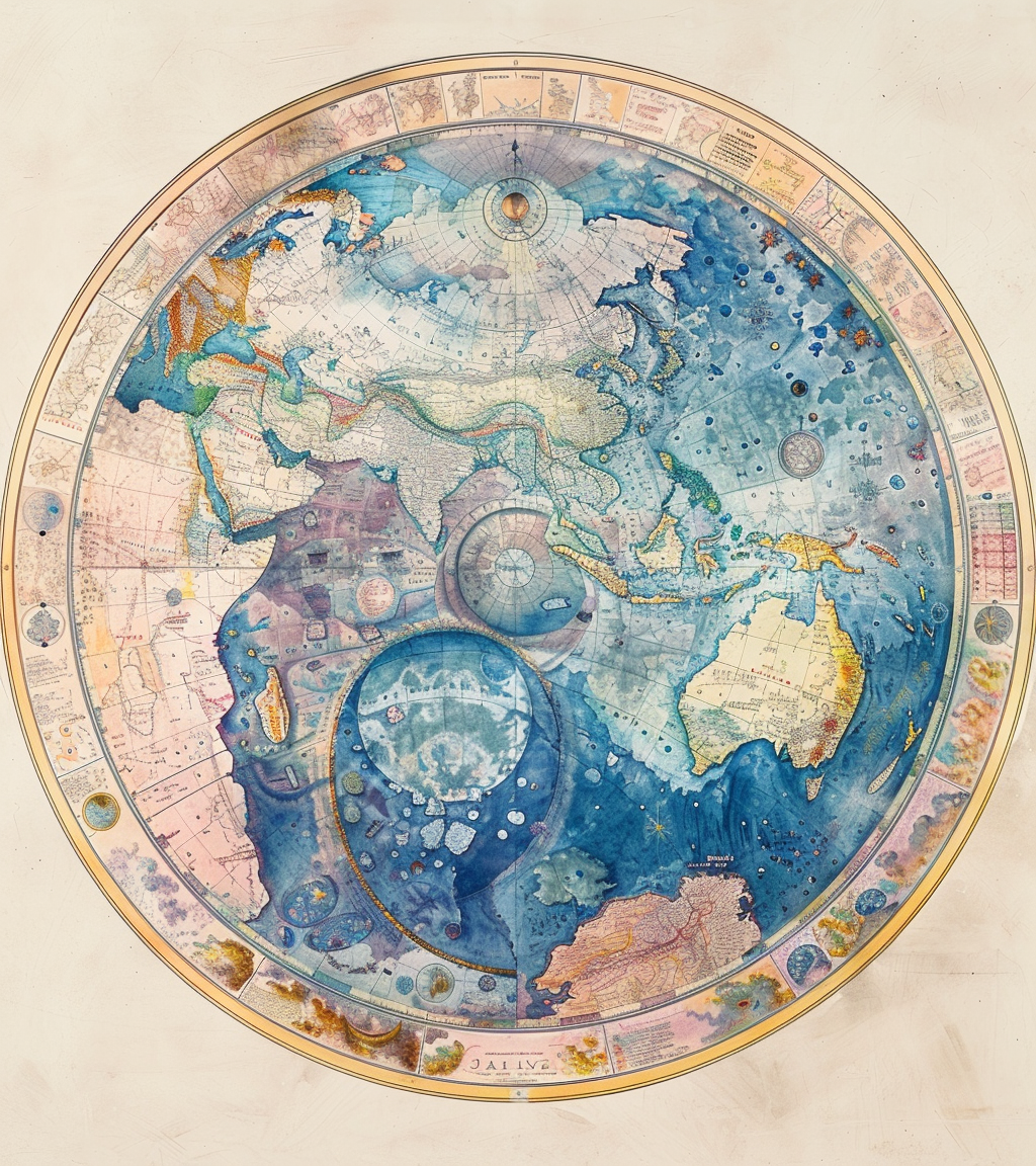 Circular world map with detailed pastel outlines, James Ensor-inspired.