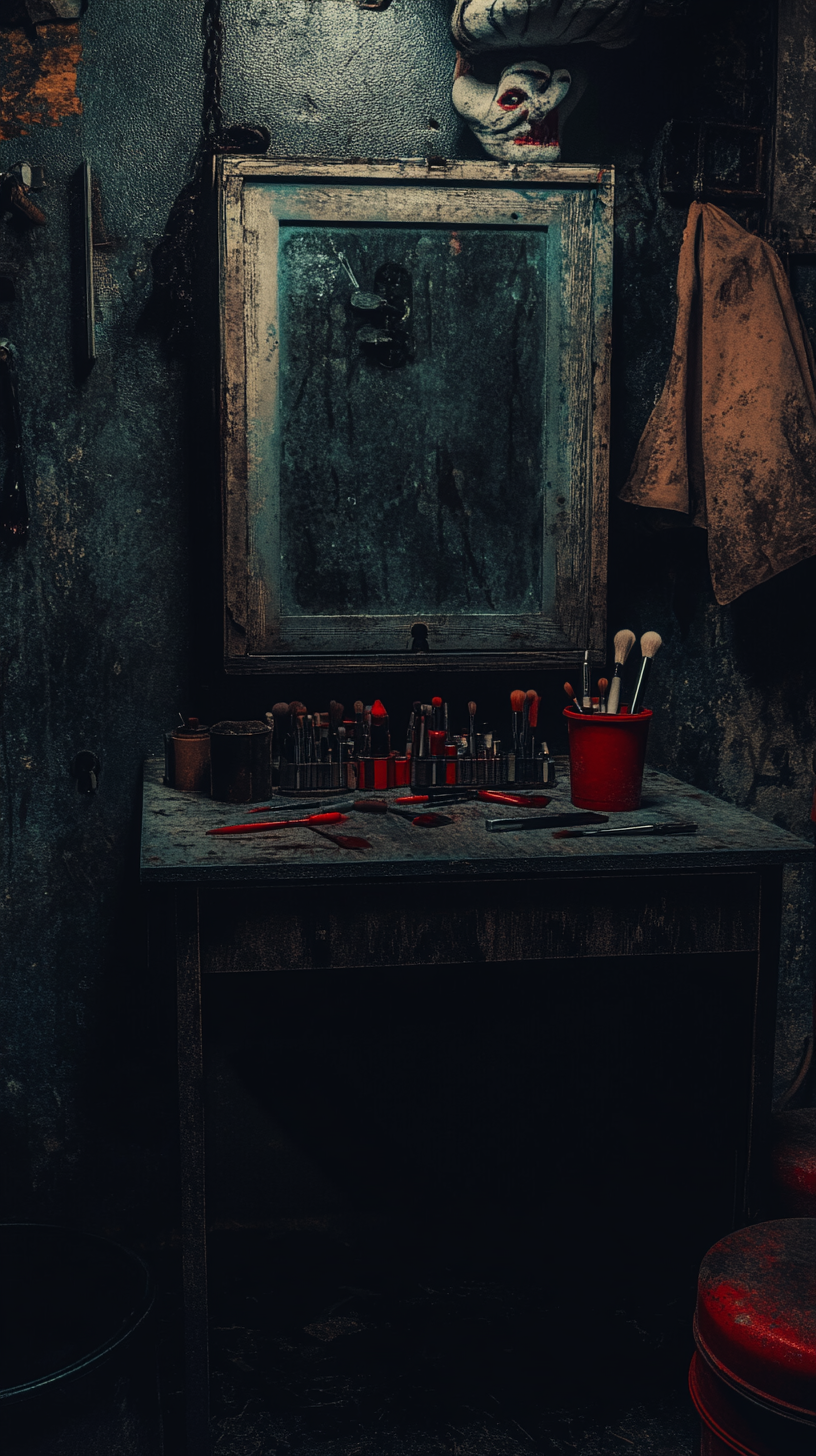 Circus Clown Makeup Tools in Eerie Dressing Room