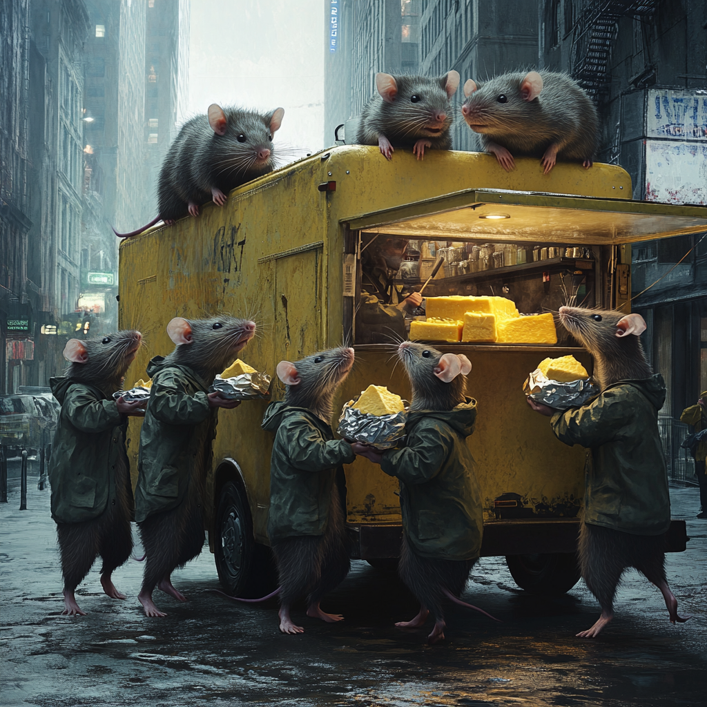 City food truck run by human-sized rats serving cheese.