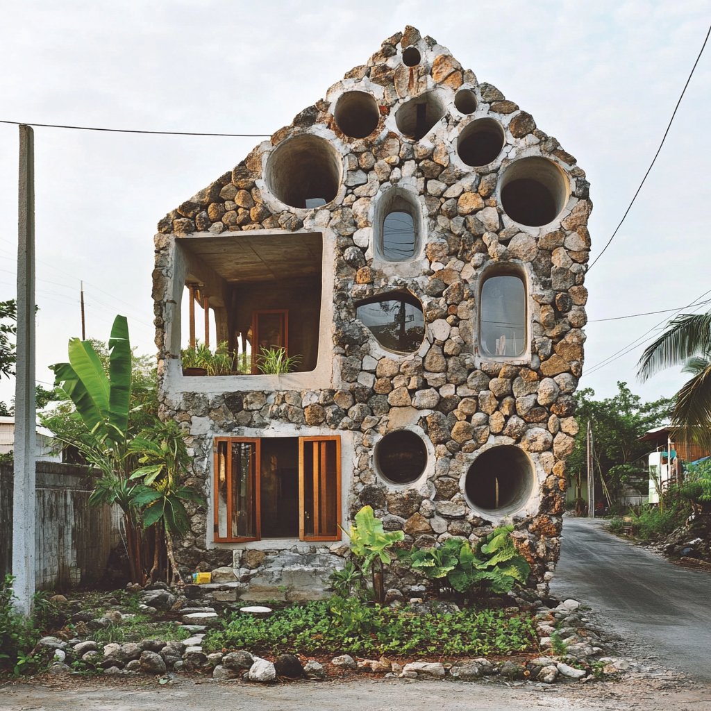 City house made from stone and hemp concrete. Garden and road in front.