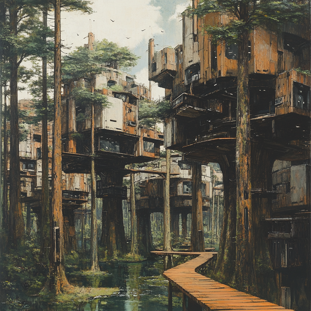 City in deep forest with modern wooden buildings, swamp nearby.