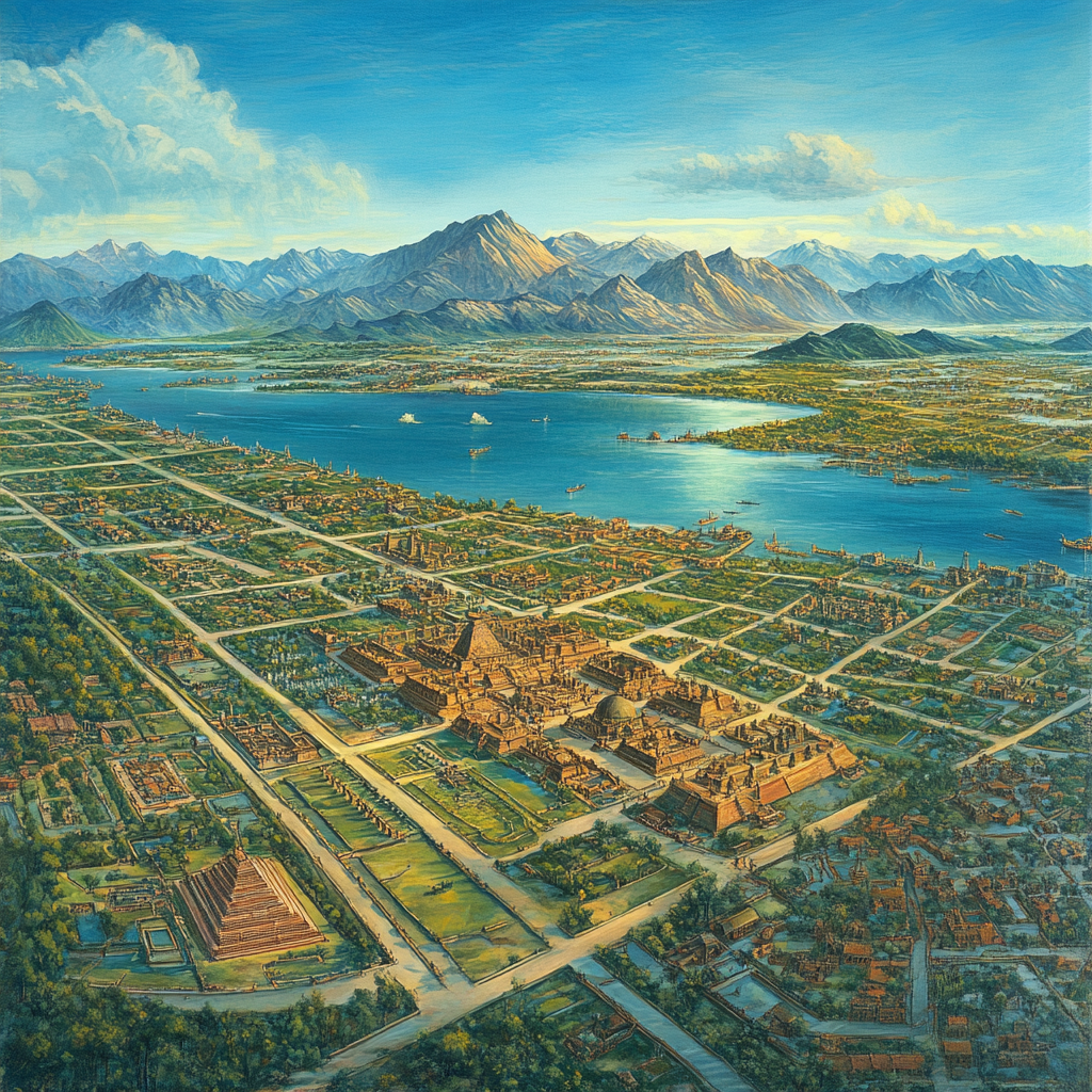 City of Tenochtitlán surrounded by mountains and lake Texcoco.