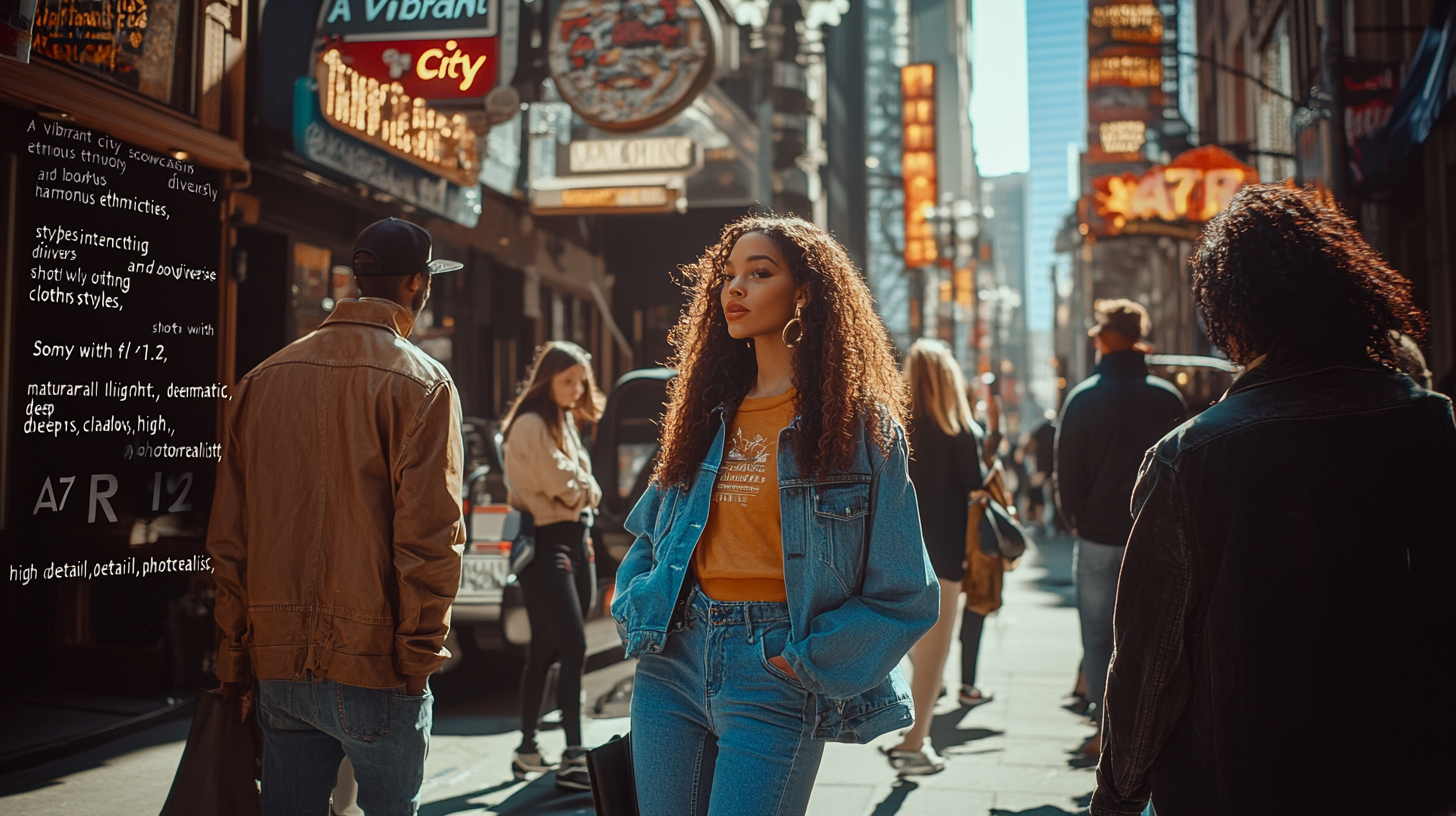 City scene with diverse people, fashion, cinematic lighting.