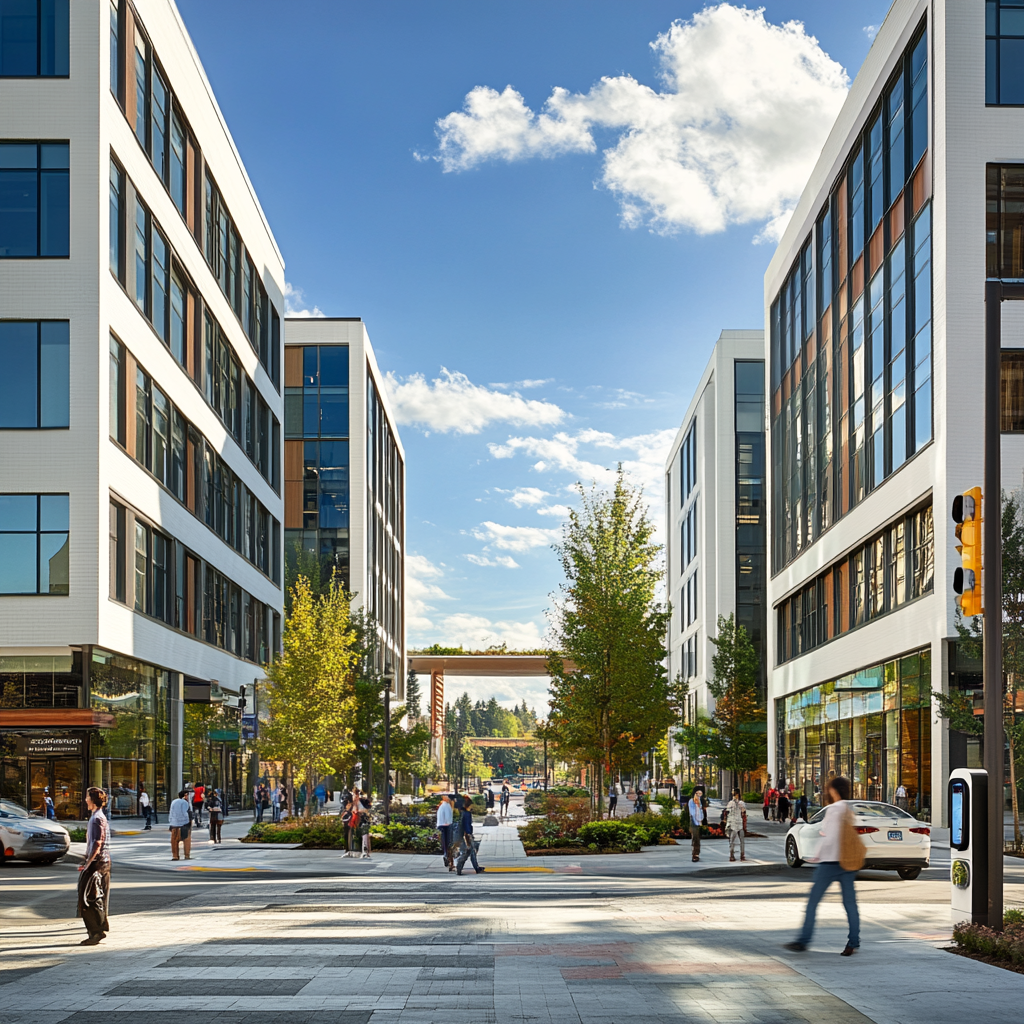 City scene with modern building, people, green central garden.