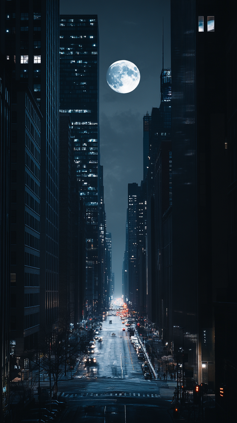 City skyline at night with moon in the sky.