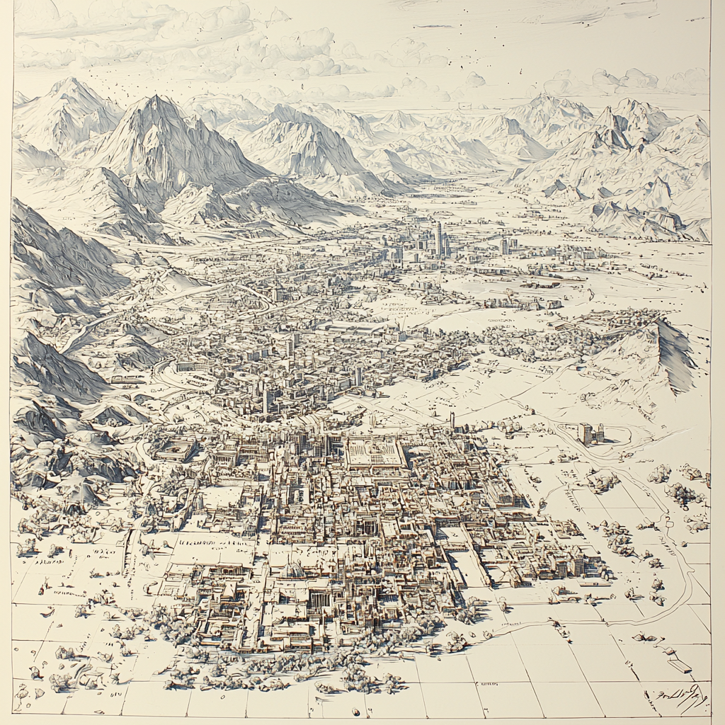 Cityscape and mountains blending together in detailed pencil sketch.