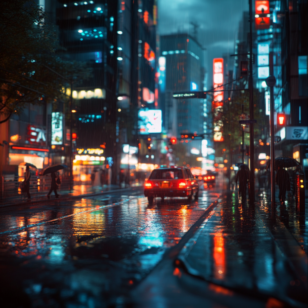 Cityscape during rainy evening with city lights reflecting.