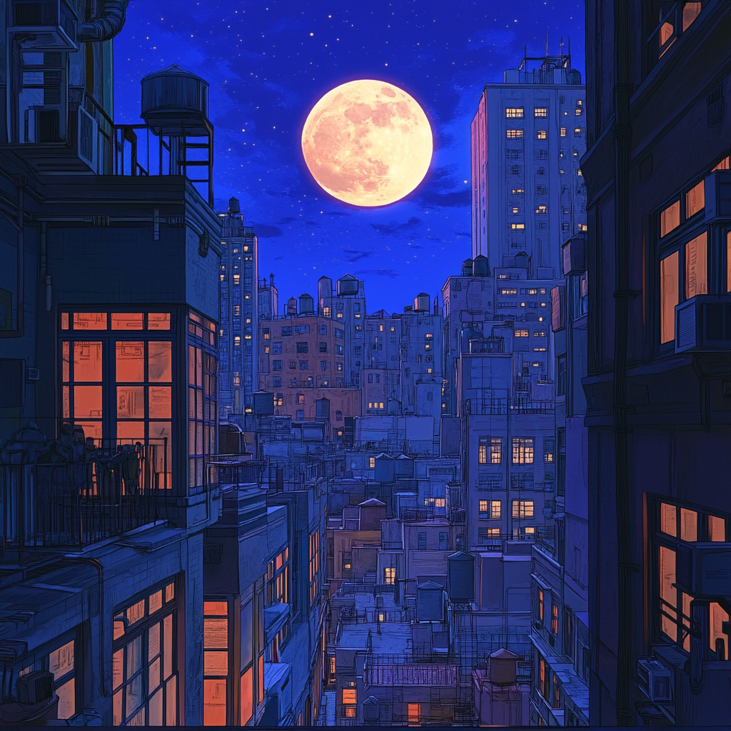 Cityscape with cartoonish buildings under glowing full moon.