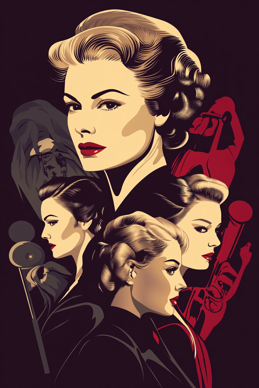 Classic Actresses in Stylish Noir Artwork: Hitchcock Influence