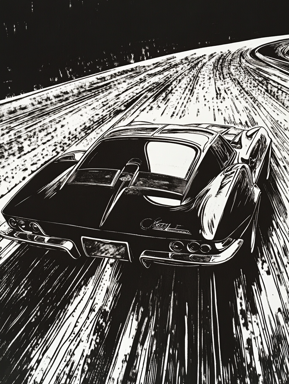 Classic Corvette racing in a detailed woodcut image.