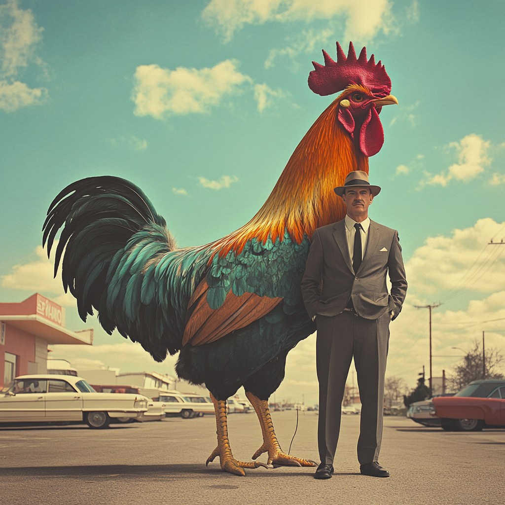 Classic Man and Giant Rooster: Vintage American Ad