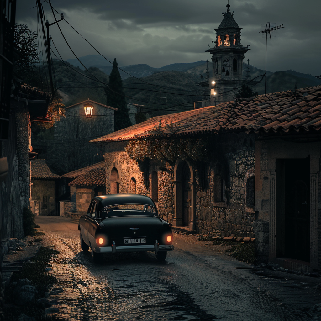 Classic car drives through illuminated Spanish village.