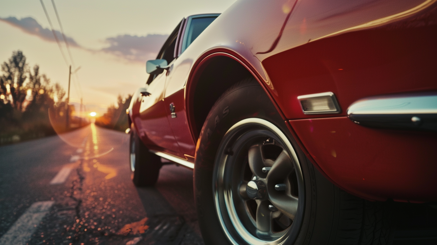 Classic muscle car under sunset on highway, 4k scene.