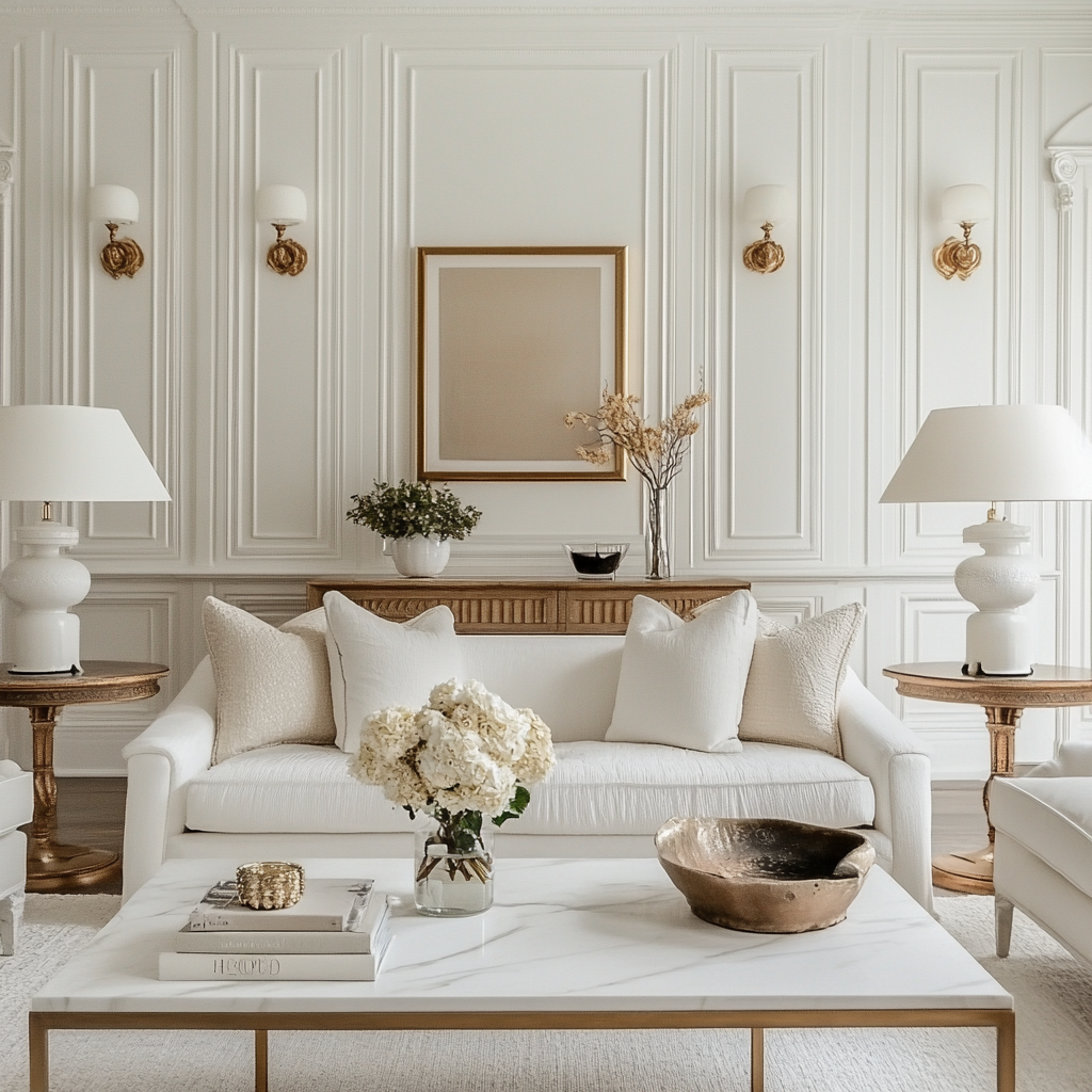 Classical Elegance: Luxurious White and Gold Living Room