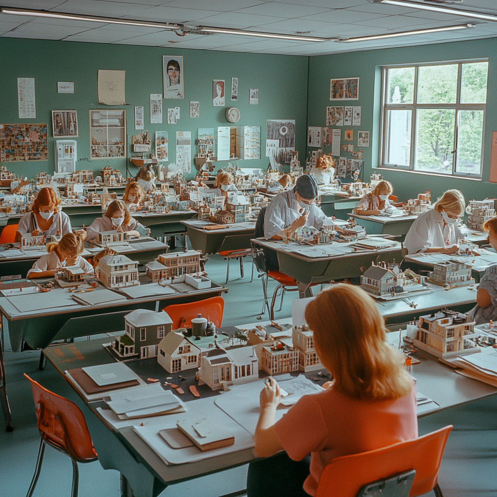 Classroom of professionals studying doll houses like scientists.