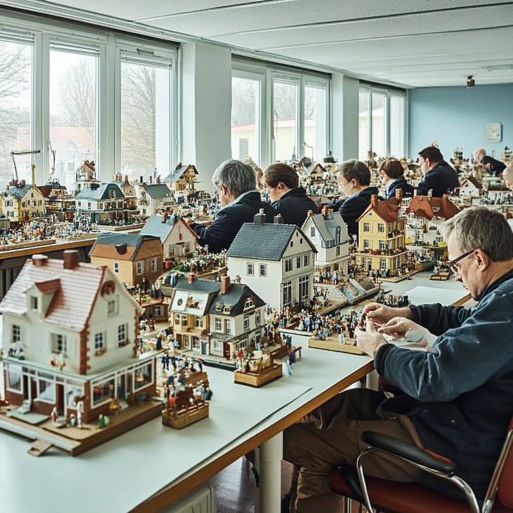 Classroom with professionals studying doll houses intently.