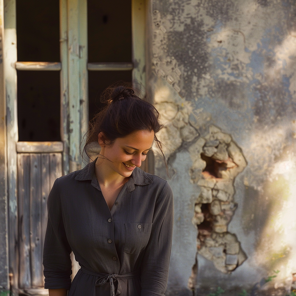 Claudia Cardinale look-alike in dark grey dress smiling.