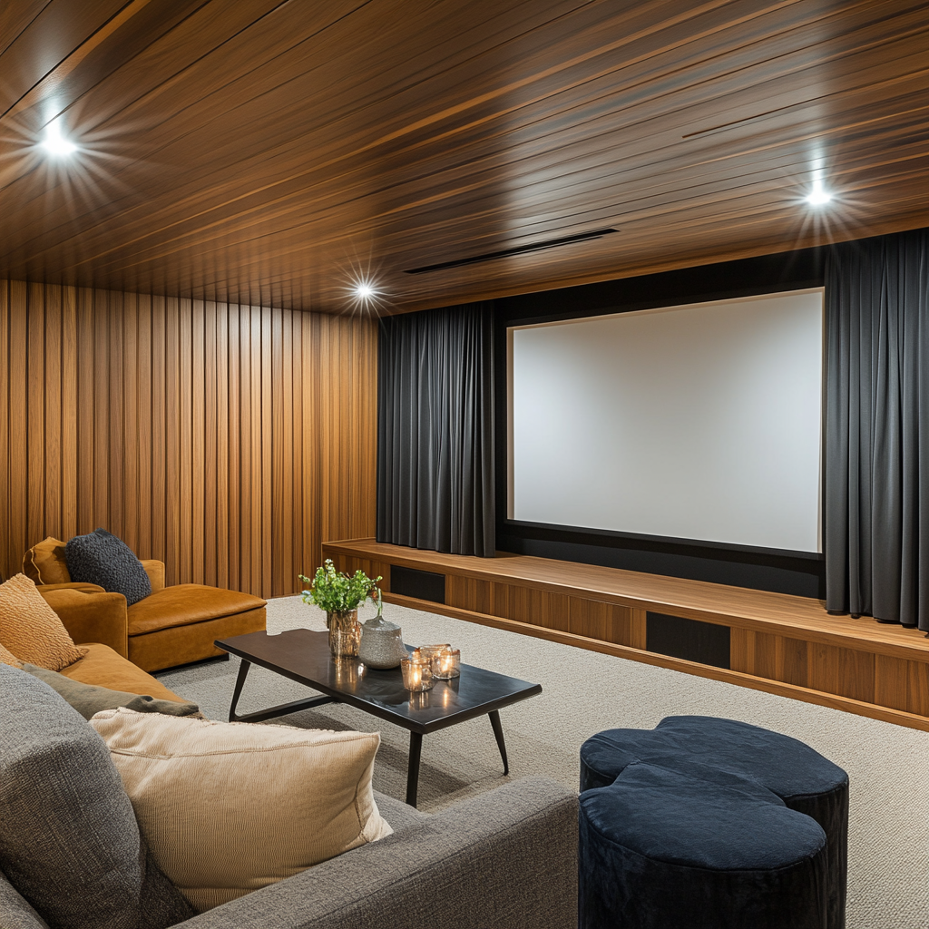 Clean, Scandinavian-inspired home theater with midcentury modern design.