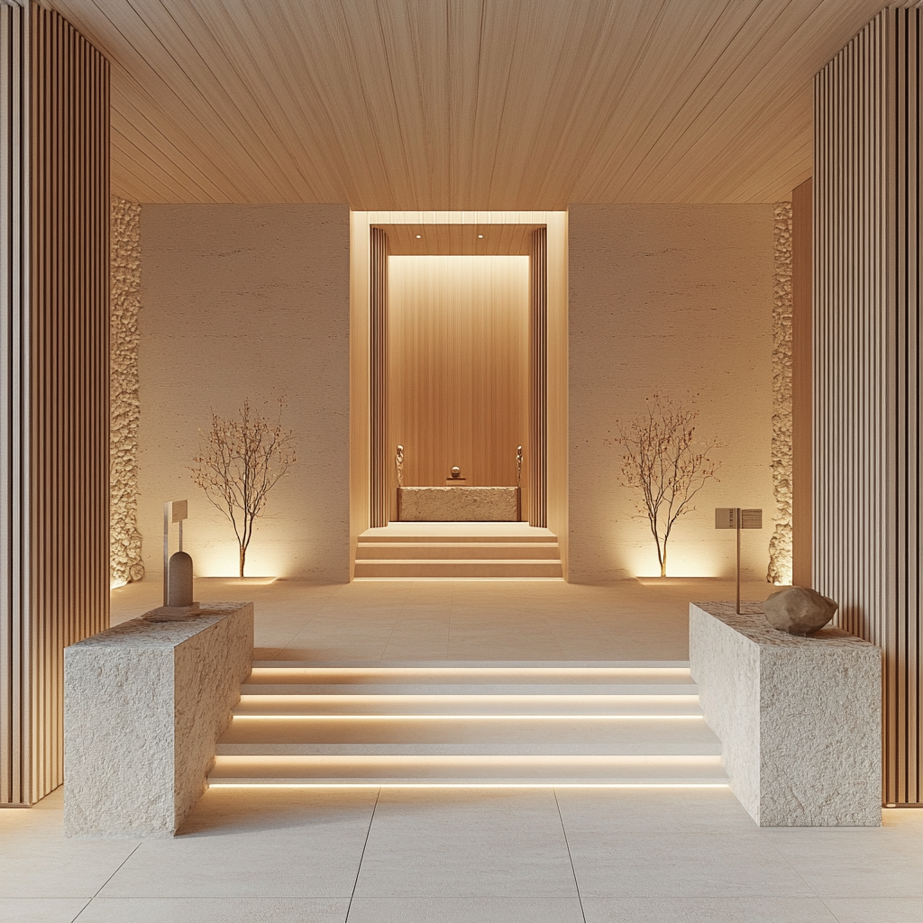 Clean, natural entrance with warm lighting and minimal signage.