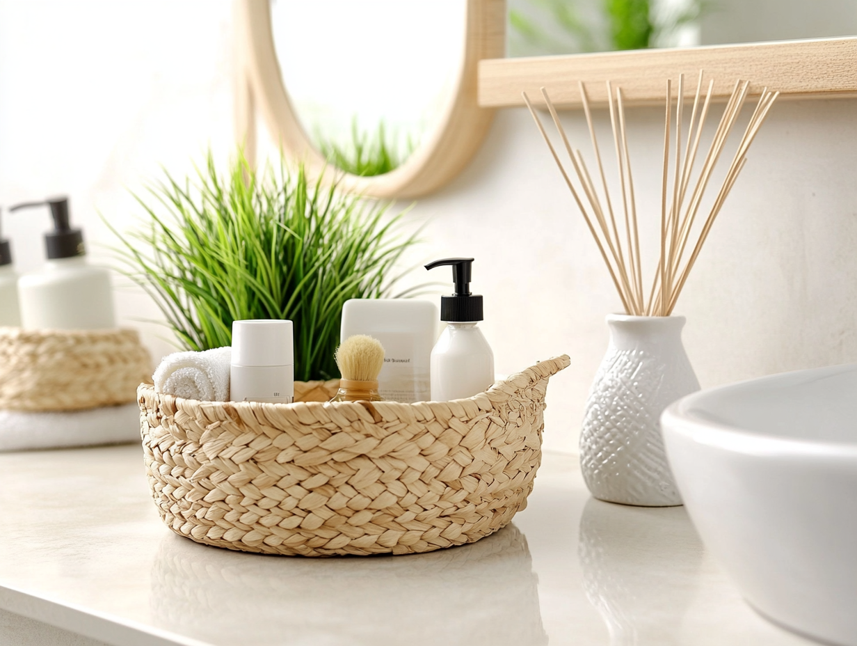 Clean Bathroom Countertop with Toiletries and Plant 4:3