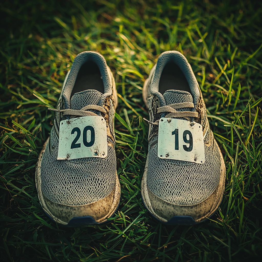 Clean running shoes and empty marathon number