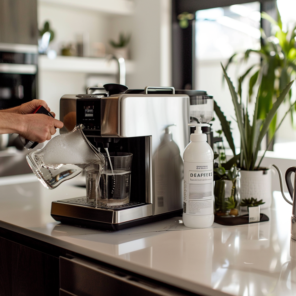 Cleaning Coffee Machine in Modern Kitchen